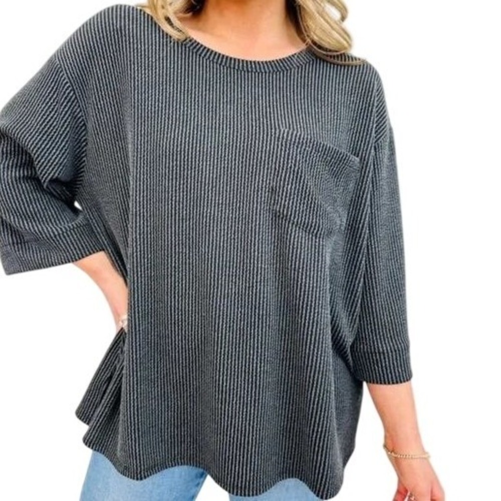Casual Charcoal Gray Ribbed Knit Pocket‎ Oversized Tunic Top Short Sleeve Medium